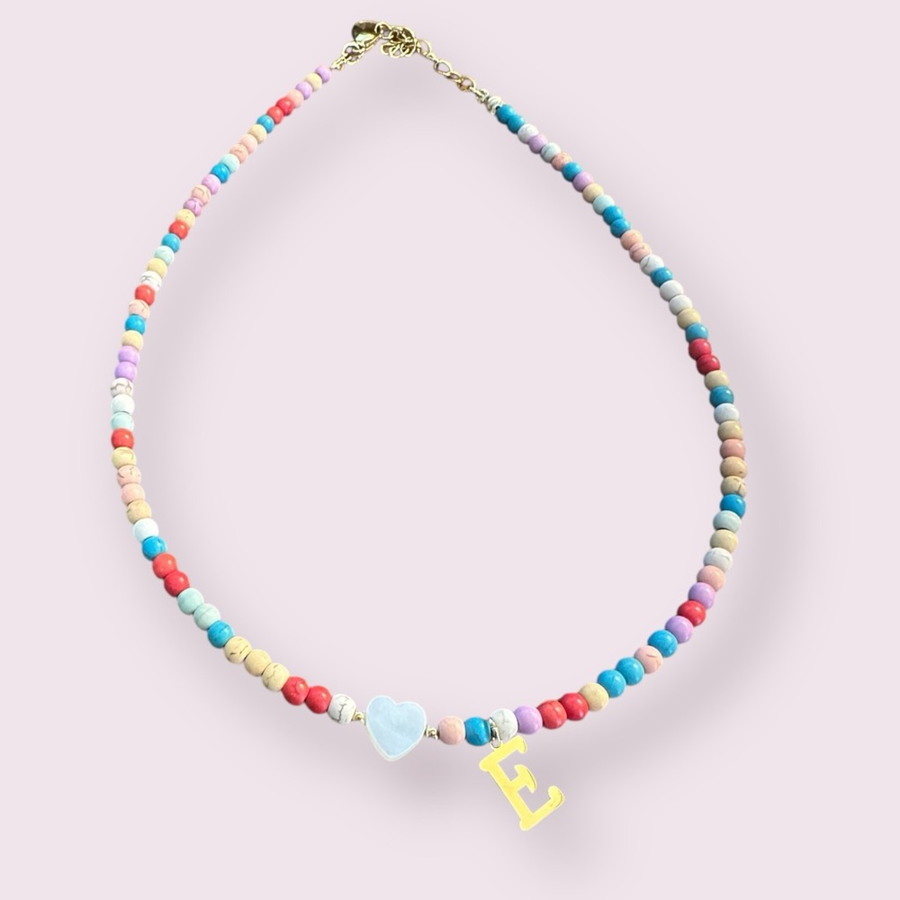 Colorful Beaded Kids Necklace with Heart and Initial E Charm